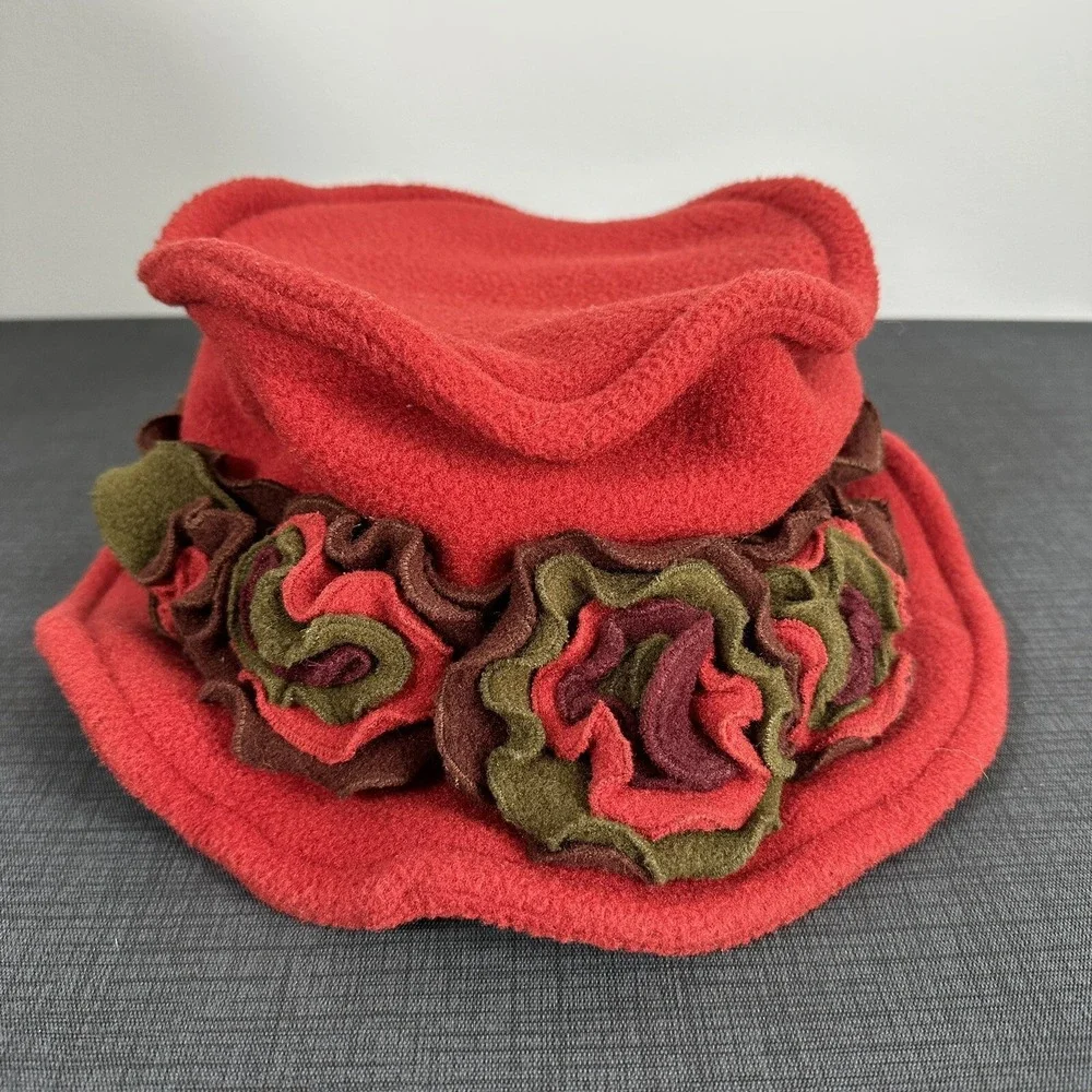 Vintage 90s Womens Hat Amber Rose Floral Fleece‎ Winter Fall Grunge Red Packable